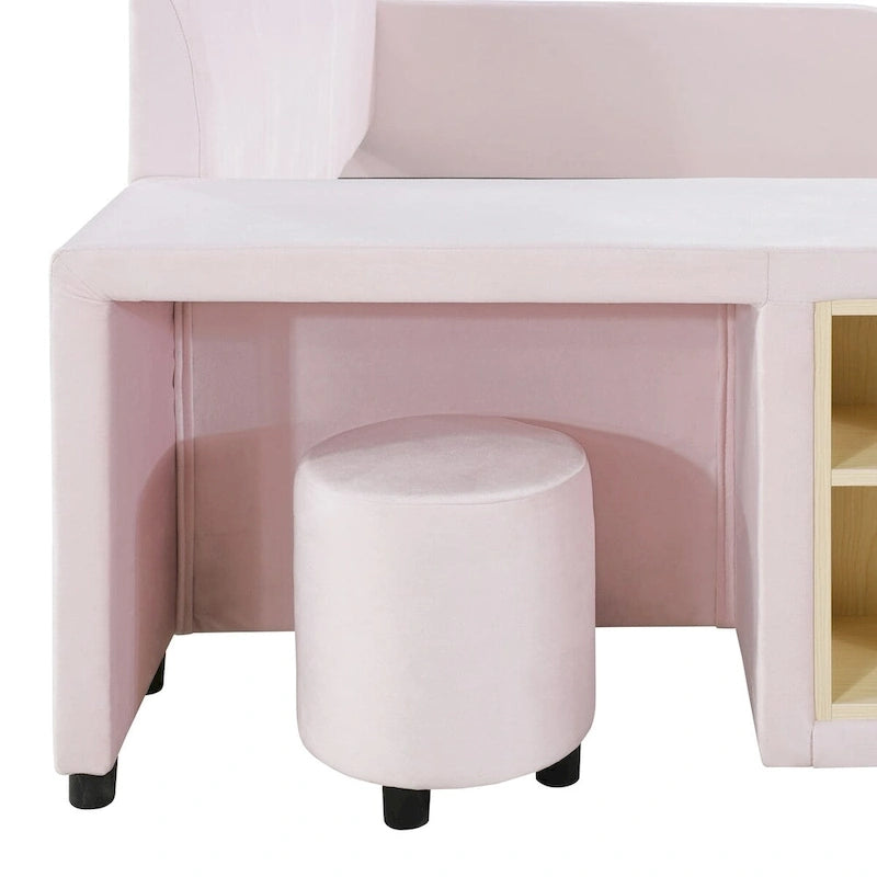 Lit double rembourré au sol, lit mère-enfant avec bureau de chevet et petit tabouret rond, velours