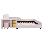 Lit double rembourré au sol, lit mère-enfant avec bureau de chevet et petit tabouret rond, velours