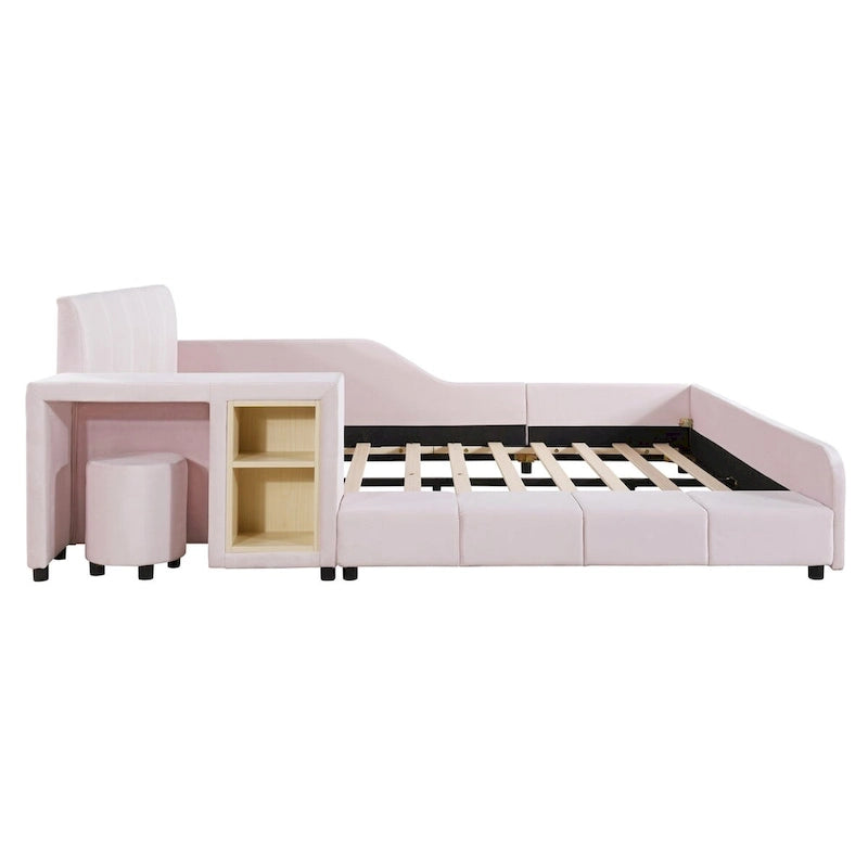 Lit double rembourré au sol, lit mère-enfant avec bureau de chevet et petit tabouret rond, velours