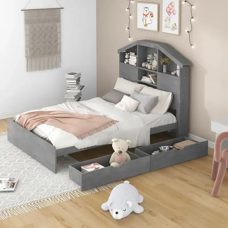 Lit plateforme en bois pleine grandeur avec tête de lit de rangement en forme de maison et 2 tiroirs