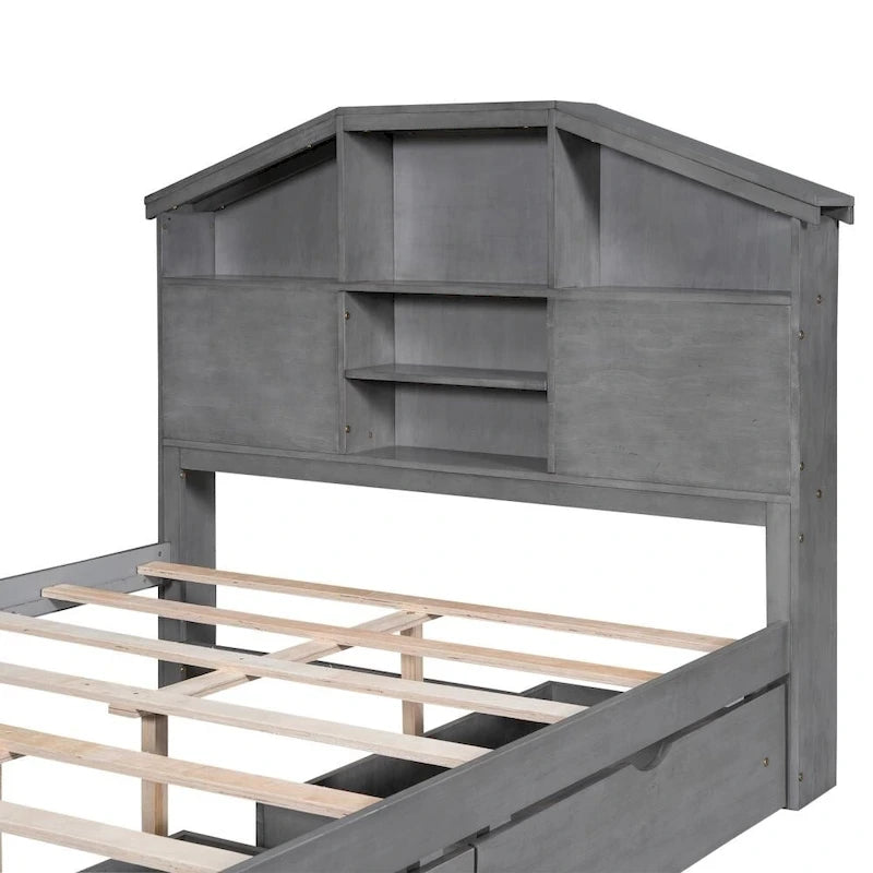 Lit plateforme en bois pleine grandeur avec tête de lit de rangement en forme de maison et 2 tiroirs
