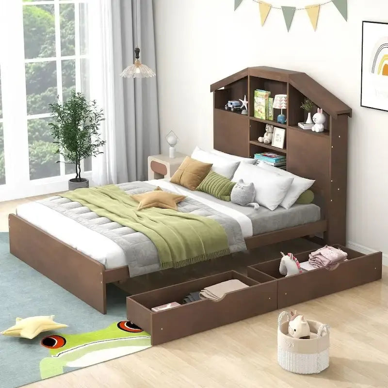 Lit plateforme en bois pleine grandeur avec tête de lit de rangement en forme de maison et 2 tiroirs