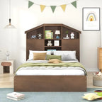 Lit plateforme en bois pleine grandeur avec tête de lit de rangement en forme de maison et 2 tiroirs
