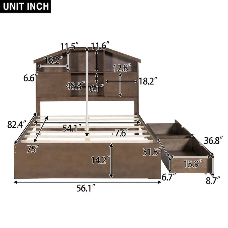 Lit plateforme en bois pleine grandeur avec tête de lit de rangement en forme de maison et 2 tiroirs