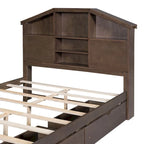 Lit plateforme en bois pleine grandeur avec tête de lit de rangement en forme de maison et 2 tiroirs