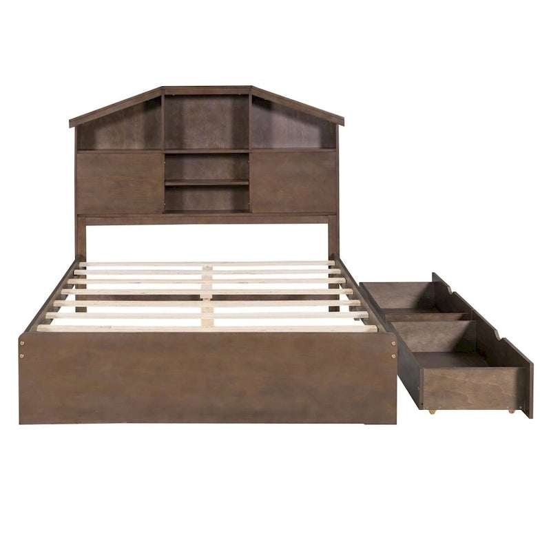 Lit plateforme en bois pleine grandeur avec tête de lit de rangement en forme de maison et 2 tiroirs