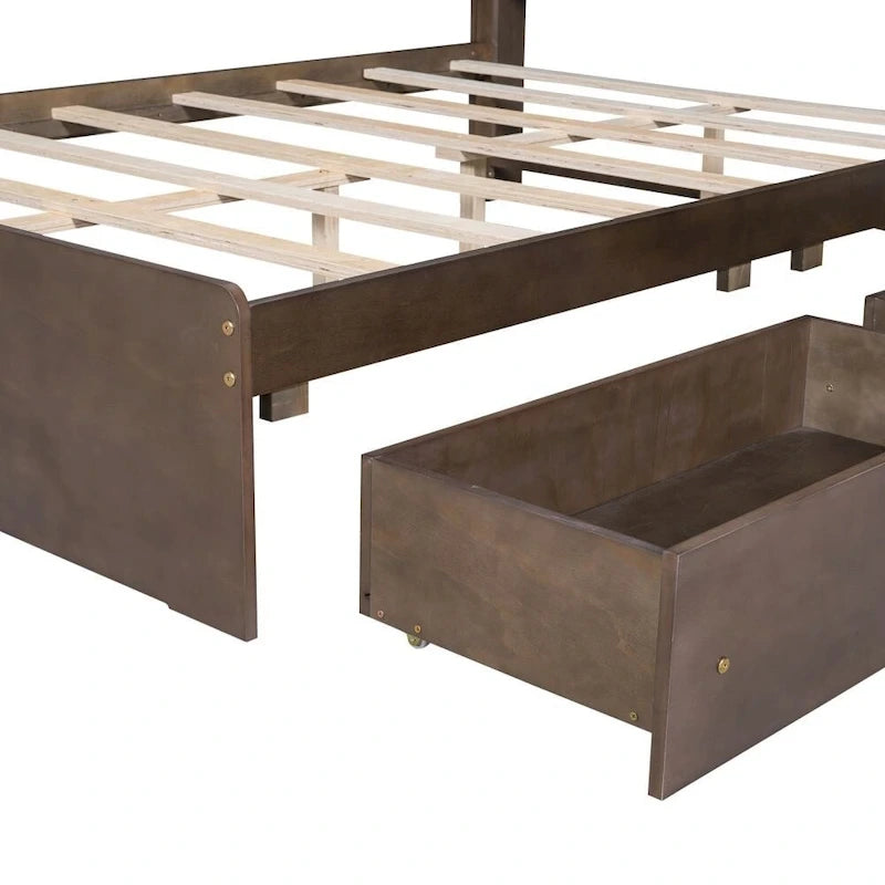 Lit plateforme en bois pleine grandeur avec tête de lit de rangement en forme de maison et 2 tiroirs