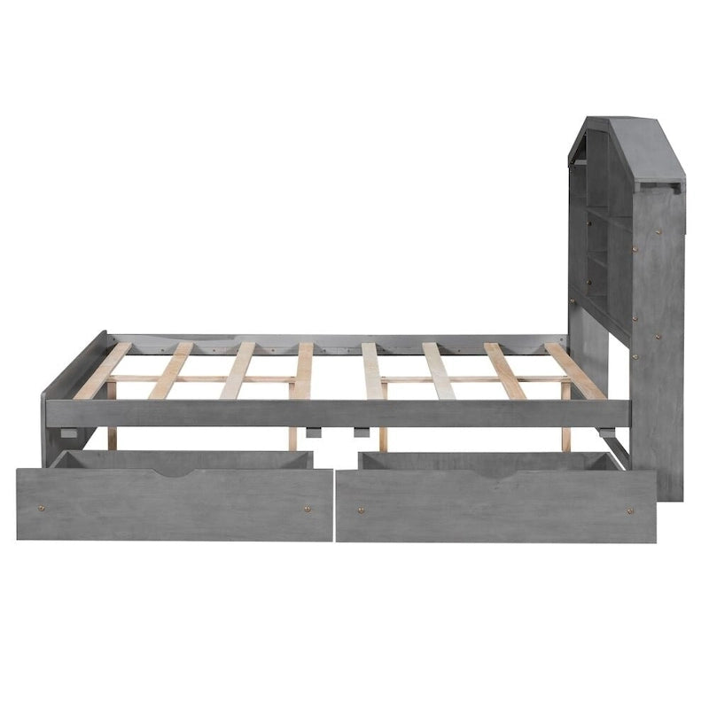 Lit plateforme en bois pleine grandeur avec tête de lit de rangement en forme de maison et 2 tiroirs