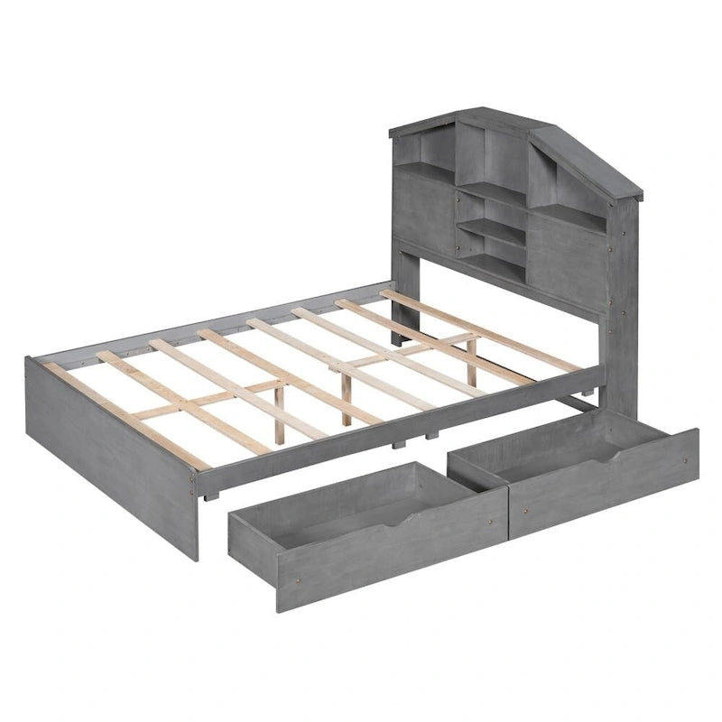 Lit plateforme en bois pleine grandeur avec tête de lit de rangement en forme de maison et 2 tiroirs