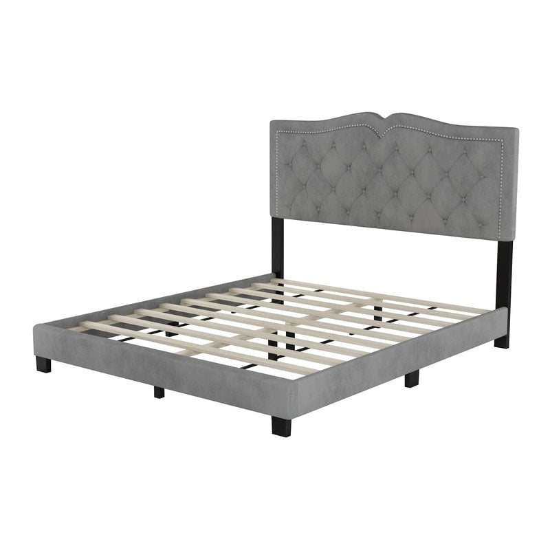 Lit capitonné en velours de taille Queen avec rivets