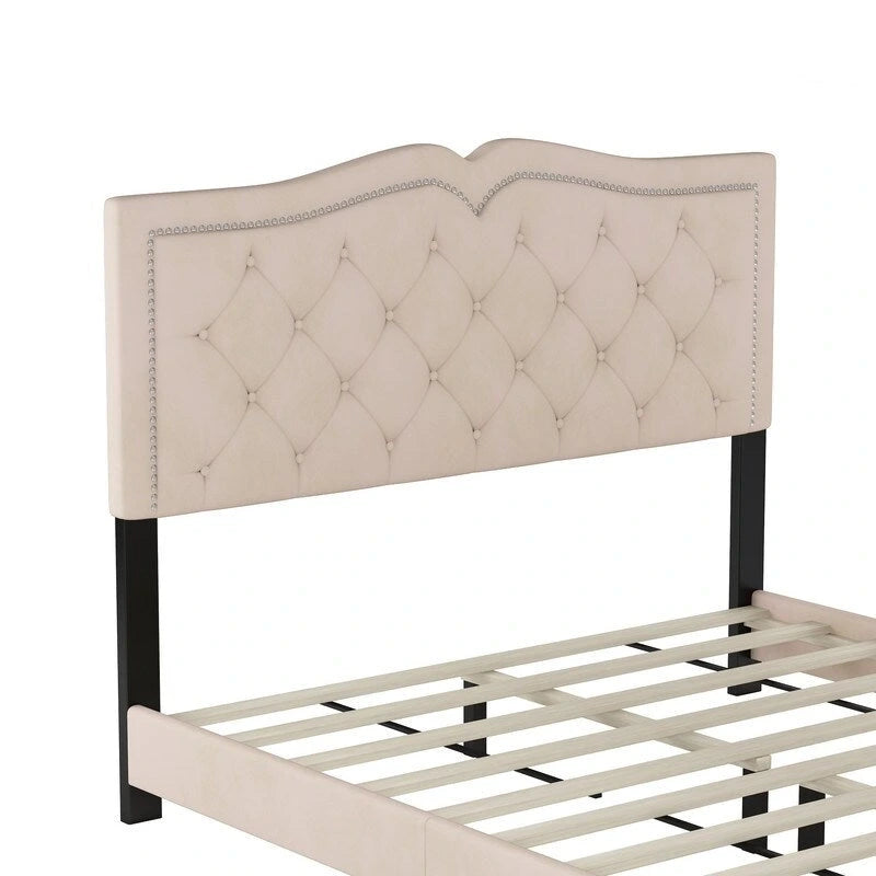 Lit capitonné en velours de taille Queen avec rivets