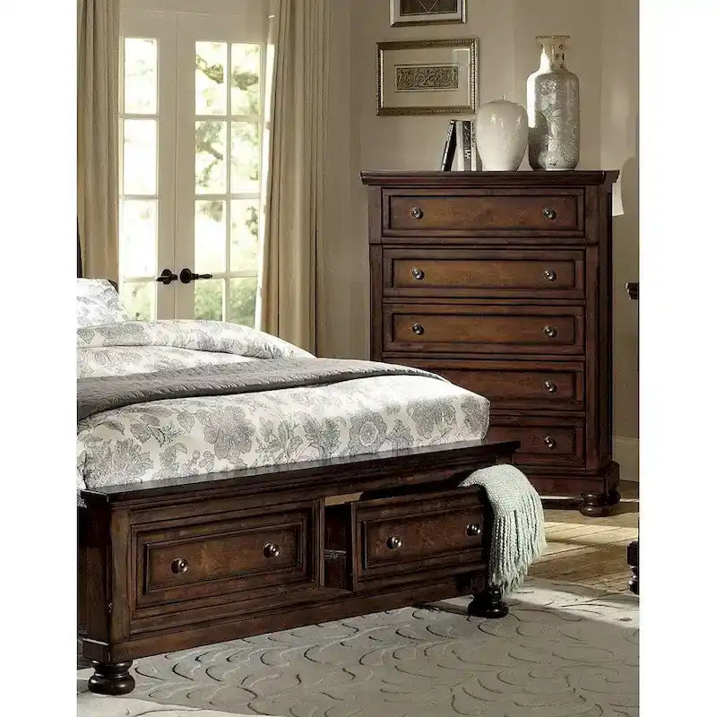 Ensemble de chambre principale 6 pièces Lit plateforme de rangement fini merisier brun classique