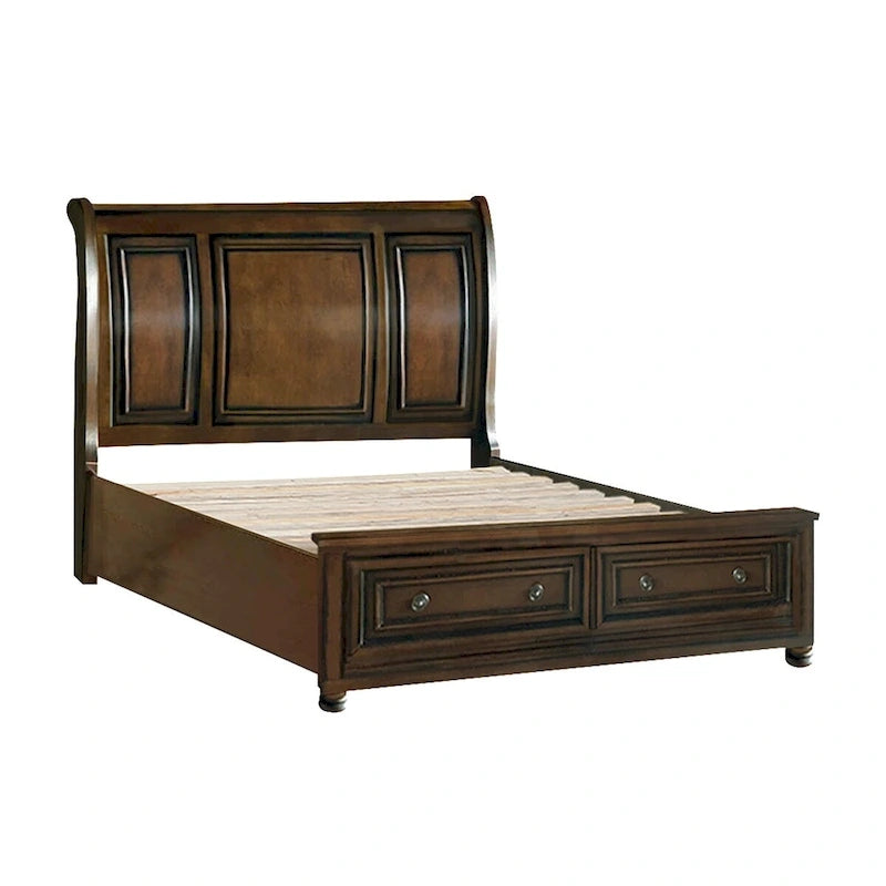 Ensemble de chambre principale 6 pièces Lit plateforme de rangement fini merisier brun classique