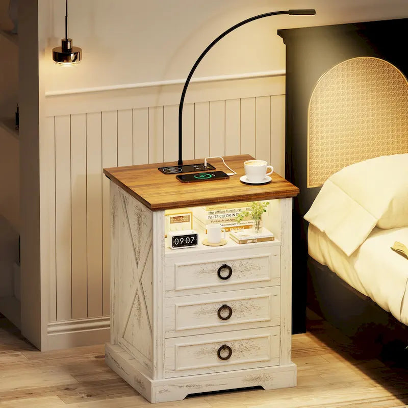 Table de chevet 3 tiroirs avec LED et liseuse – Blanc cassé / Marron / Chêne foncé / Blanc antique