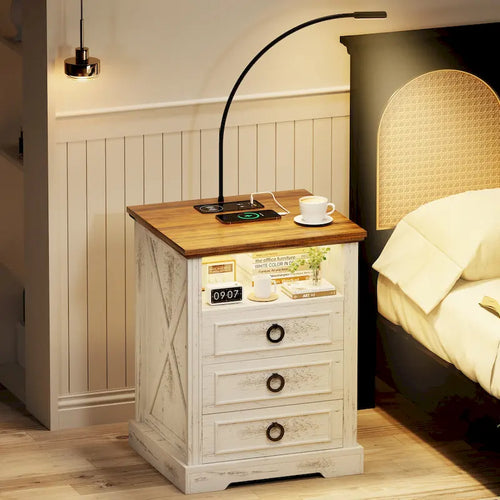Table de chevet 3 tiroirs avec LED et liseuse – Blanc cassé / Marron / Chêne foncé / Blanc antique
