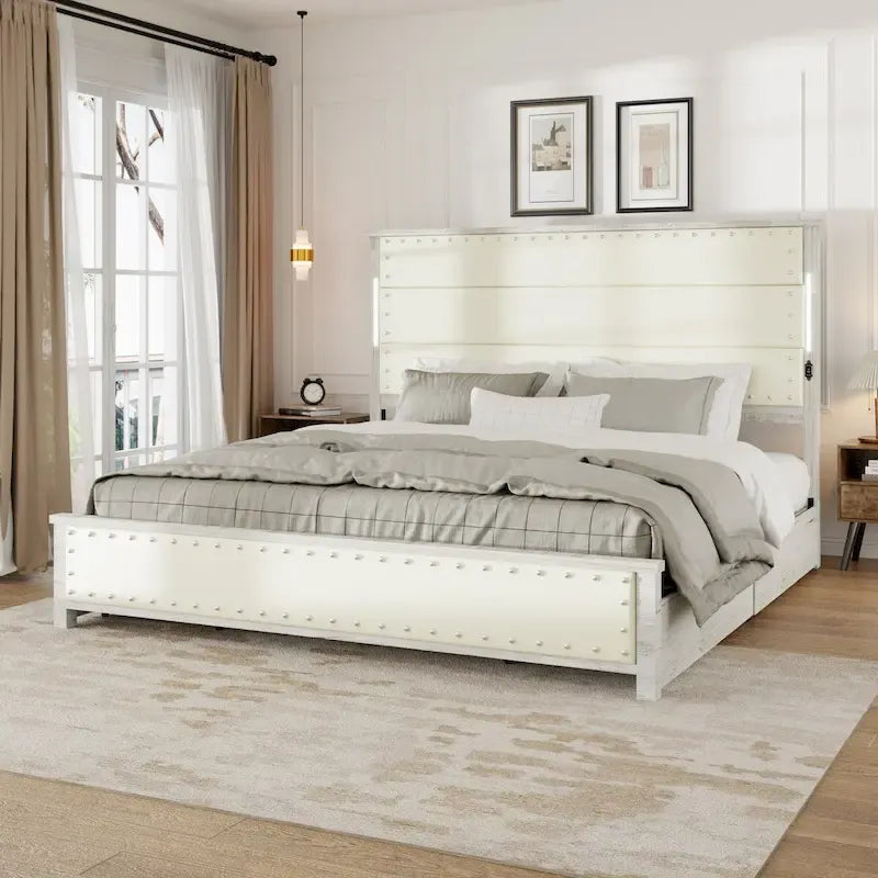 Cadre de lit King Size avec tête de lit rembourrée et 4 tiroirs de rangement, lit King Size avec station de recharge et lumières LED