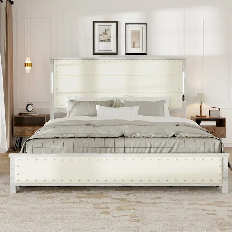 Cadre de lit King Size avec tête de lit rembourrée et 4 tiroirs de rangement, lit King Size avec station de recharge et lumières LED