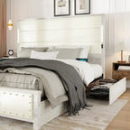 Cadre de lit King Size avec tête de lit rembourrée et 4 tiroirs de rangement, lit King Size avec station de recharge et lumières LED