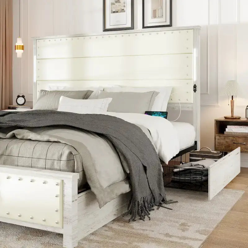 Cadre de lit King Size avec tête de lit rembourrée et 4 tiroirs de rangement, lit King Size avec station de recharge et lumières LED