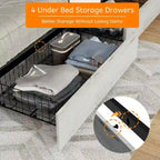 Cadre de lit King Size avec tête de lit rembourrée et 4 tiroirs de rangement, lit King Size avec station de recharge et lumières LED