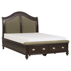 Lit capitonné Stoe Queen Sleigh, tête de lit rembourrée, pied de lit avec rangement, bois marron