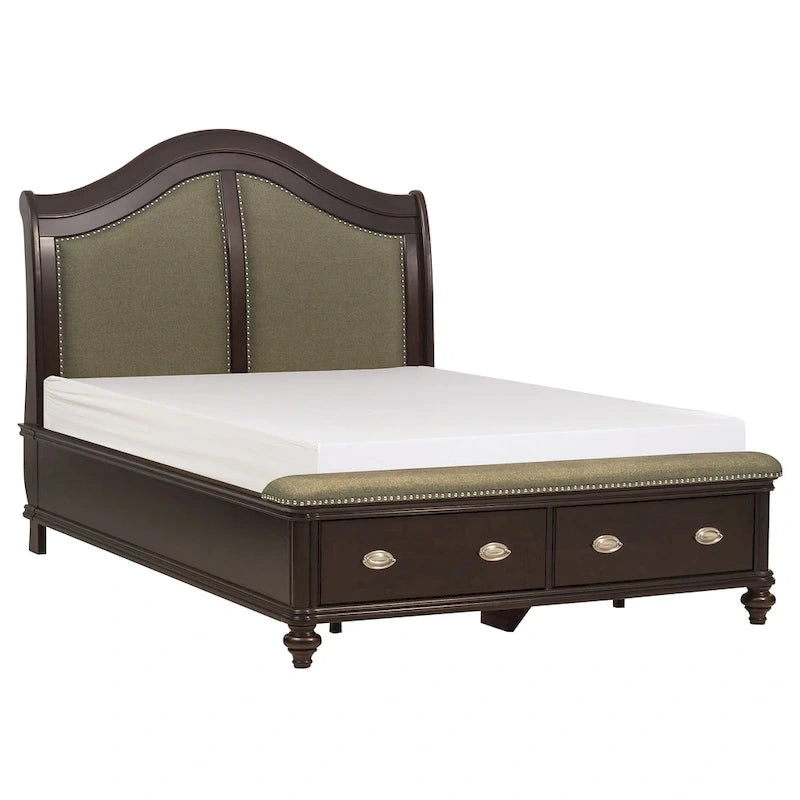 Lit capitonné Stoe Queen Sleigh, tête de lit rembourrée, pied de lit avec rangement, bois marron