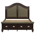Lit capitonné Stoe Queen Sleigh, tête de lit rembourrée, pied de lit avec rangement, bois marron