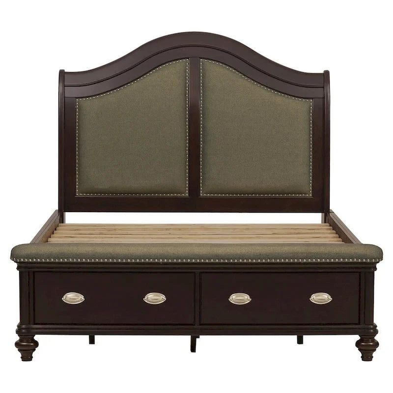 Lit capitonné Stoe Queen Sleigh, tête de lit rembourrée, pied de lit avec rangement, bois marron