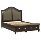 Lit capitonné Stoe Queen Sleigh, tête de lit rembourrée, pied de lit avec rangement, bois marron