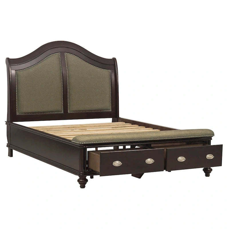 Lit capitonné Stoe Queen Sleigh, tête de lit rembourrée, pied de lit avec rangement, bois marron