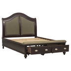 Lit capitonné Stoe Queen Sleigh, tête de lit rembourrée, pied de lit avec rangement, bois marron