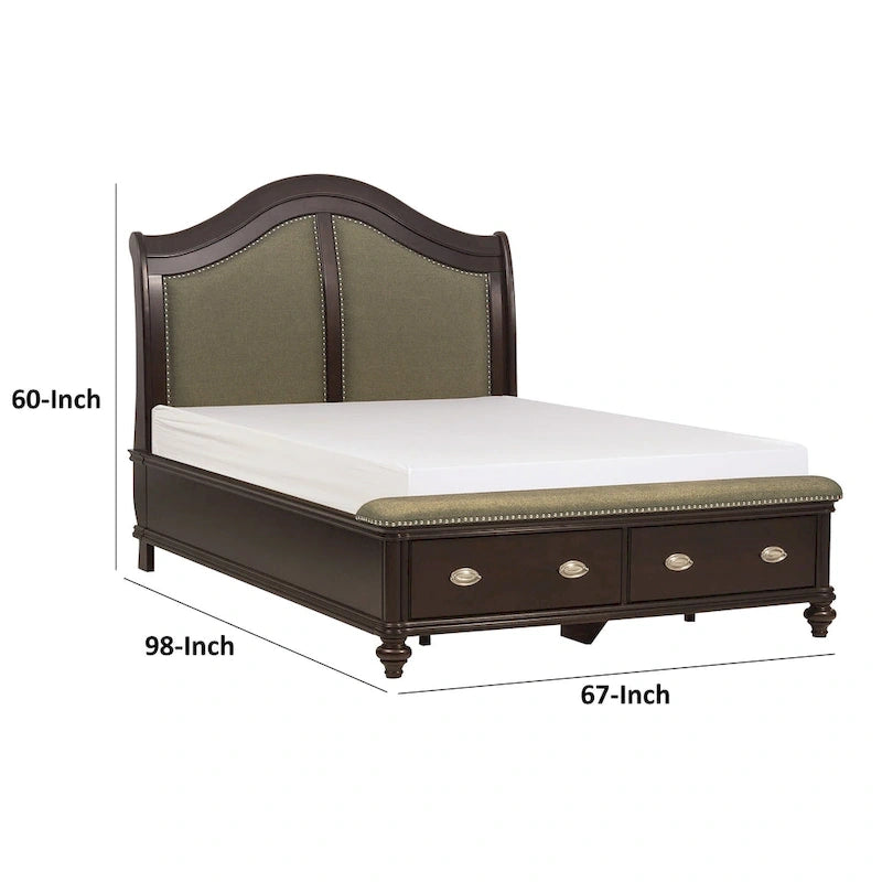 Lit capitonné Stoe Queen Sleigh, tête de lit rembourrée, pied de lit avec rangement, bois marron