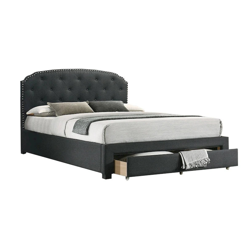 Lit King Size Oriental Rembourré en Toile de Jute avec 1 Tiroir Sous-Lit, Couleur Charbon