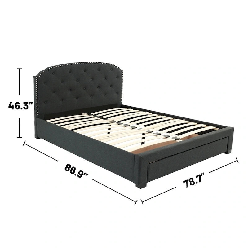 Lit King Size Oriental Rembourré en Toile de Jute avec 1 Tiroir Sous-Lit, Couleur Charbon