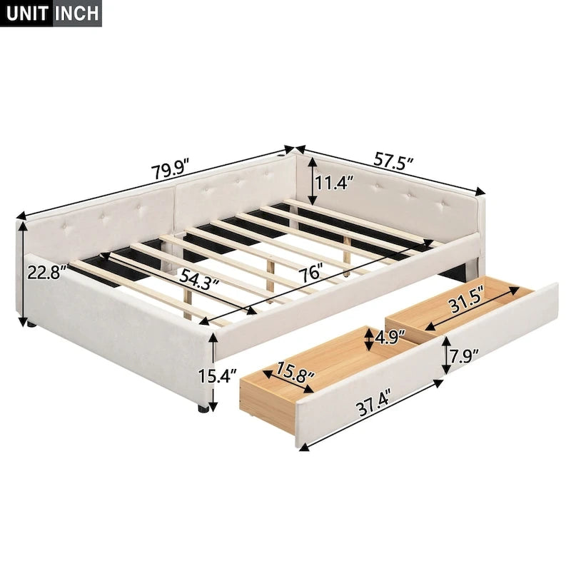 Lit plateforme rembourré pleine grandeur avec USB et 2 tiroirs