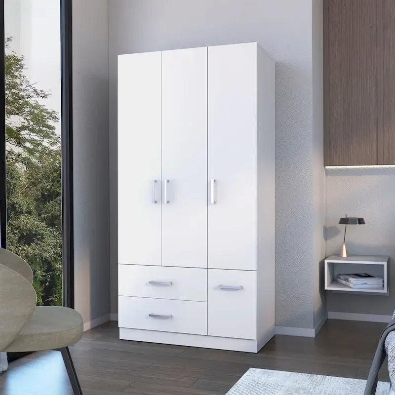 Armoire Douglas en mélamine, deux tiroirs, tringle à vêtements - S/O
