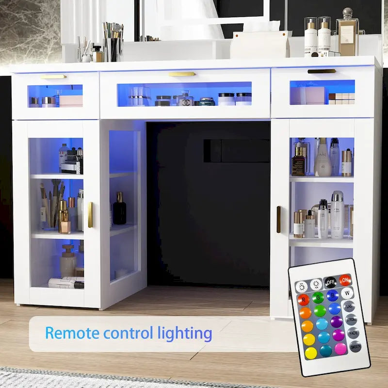 Coiffeuse blanche avec lumières LED, miroir triptyque et tiroirs – Siège unique
