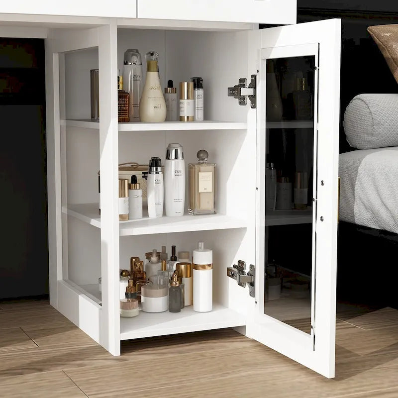 Coiffeuse blanche avec lumières LED, miroir triptyque et tiroirs – Siège unique
