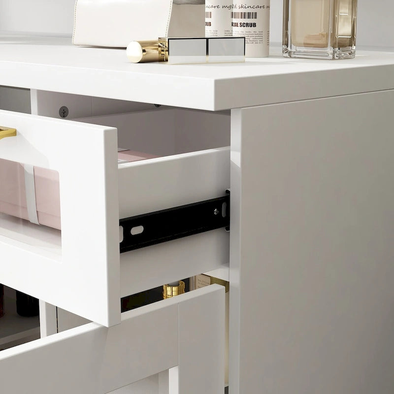 Coiffeuse blanche avec lumières LED, miroir triptyque et tiroirs – Siège unique