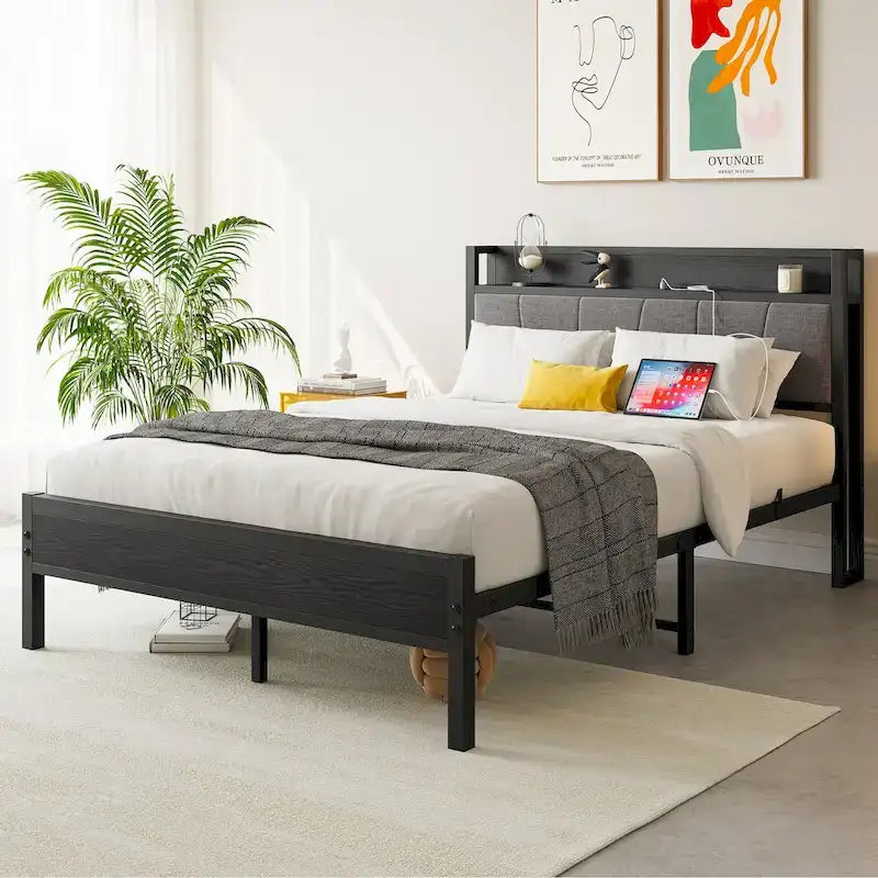 Cadre de lit double, tête de lit avec rangement et station de recharge, solide et stable, silencieux, pas besoin de sommier tapissier, assemblage facile