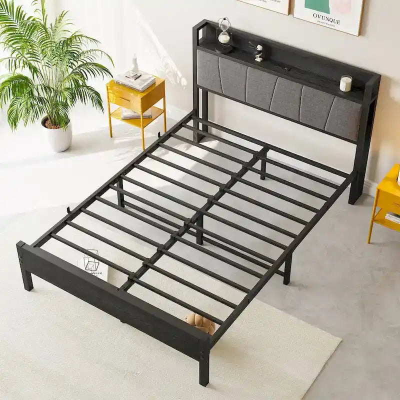Cadre de lit double, tête de lit avec rangement et station de recharge, solide et stable, silencieux, pas besoin de sommier tapissier, assemblage facile