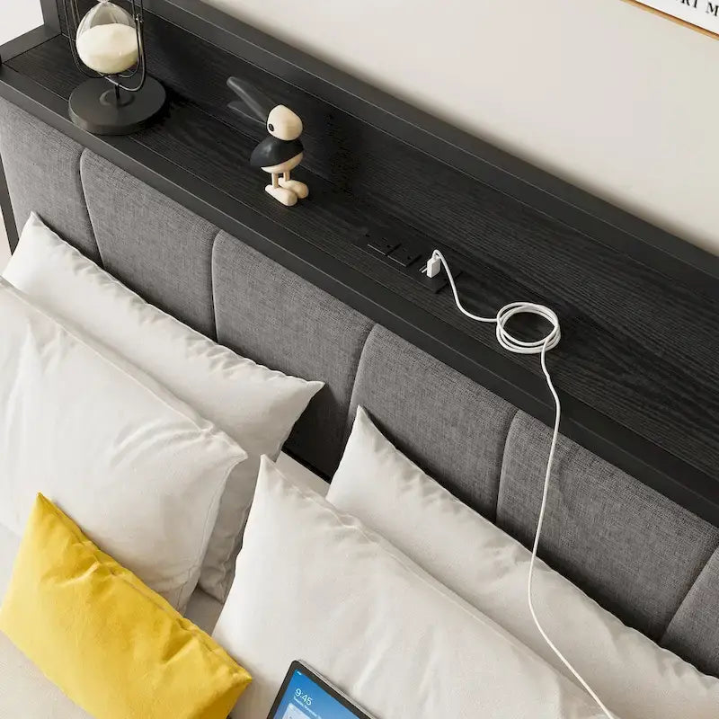 Cadre de lit double, tête de lit avec rangement et station de recharge, solide et stable, silencieux, pas besoin de sommier tapissier, assemblage facile