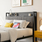 Cadre de lit double, tête de lit avec rangement et station de recharge, solide et stable, silencieux, pas besoin de sommier tapissier, assemblage facile
