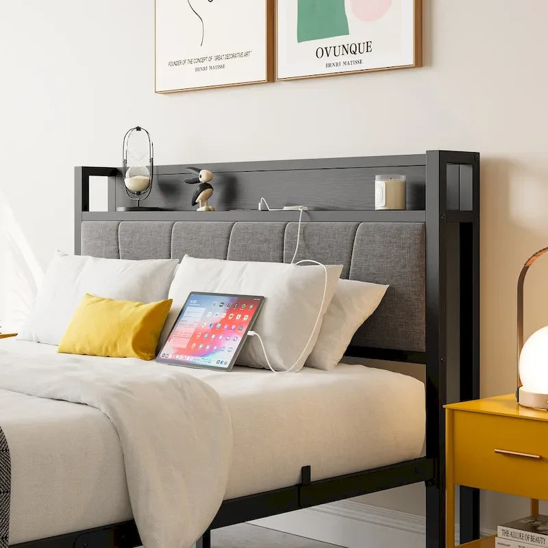 Cadre de lit double, tête de lit avec rangement et station de recharge, solide et stable, silencieux, pas besoin de sommier tapissier, assemblage facile