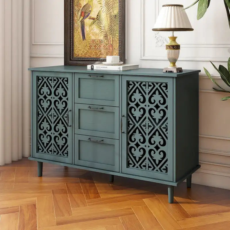 Armoire de rangement 2 portes 3 tiroirs vert foncé / bleu – Chambre