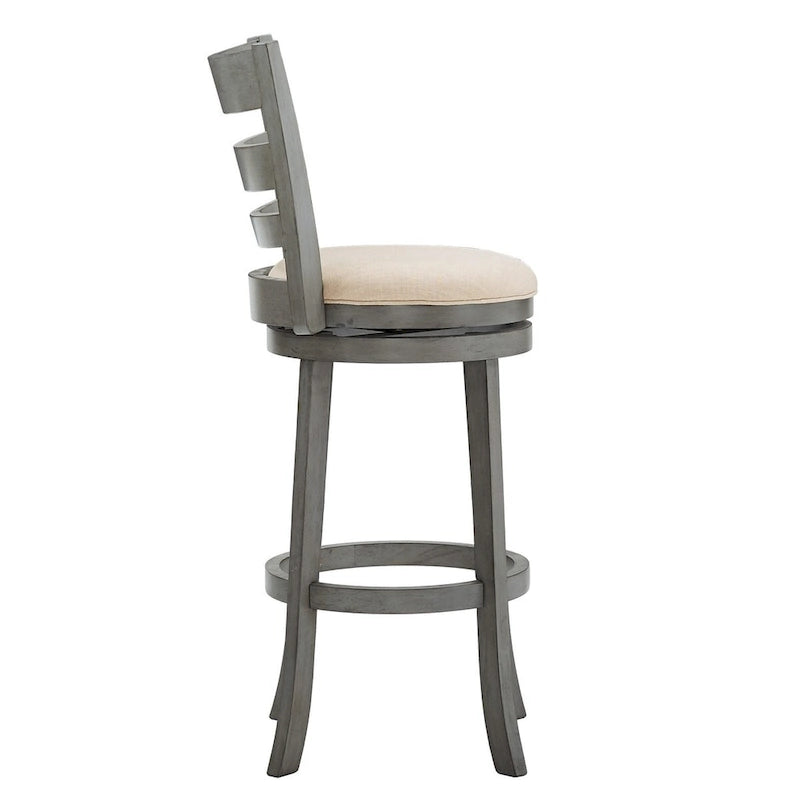 Tabouret de bar pivotant à dossier échelle en lin antique, siège unique – Gris antique / Blanc antique