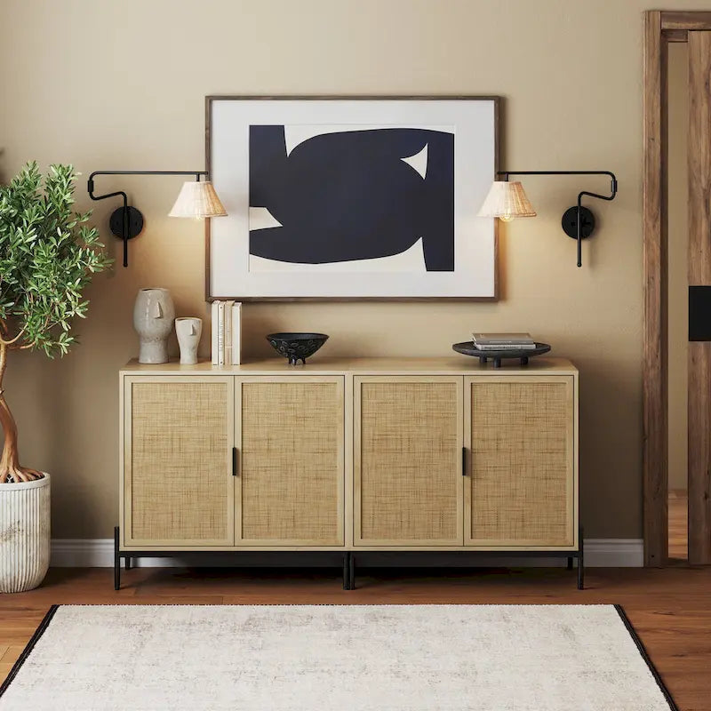 Meuble de rangement Andrew Bohemian pour entrée ou buffet de cuisine, meuble TV ou meuble d'appoint en rotin avec pieds en métal