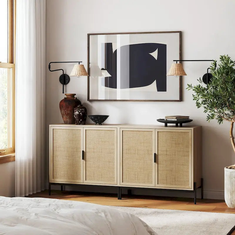 Meuble de rangement Andrew Bohemian pour entrée ou buffet de cuisine, meuble TV ou meuble d'appoint en rotin avec pieds en métal