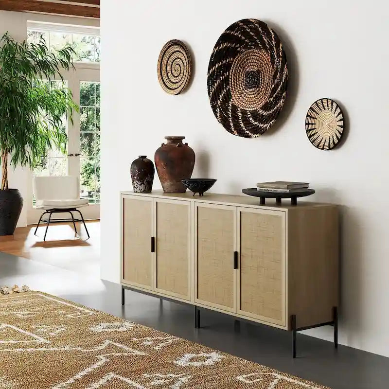 Meuble de rangement Andrew Bohemian pour entrée ou buffet de cuisine, meuble TV ou meuble d'appoint en rotin avec pieds en métal