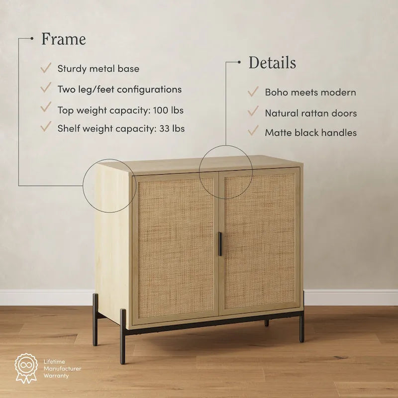 Meuble de rangement Andrew Bohemian pour entrée ou buffet de cuisine, meuble TV ou meuble d'appoint en rotin avec pieds en métal